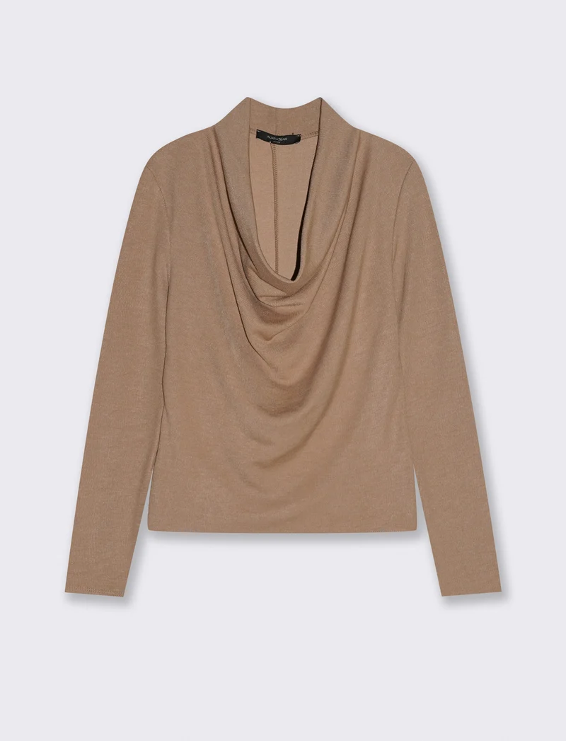 Maglia in tessuto morbido con scollo drappeggiato - Cammello
