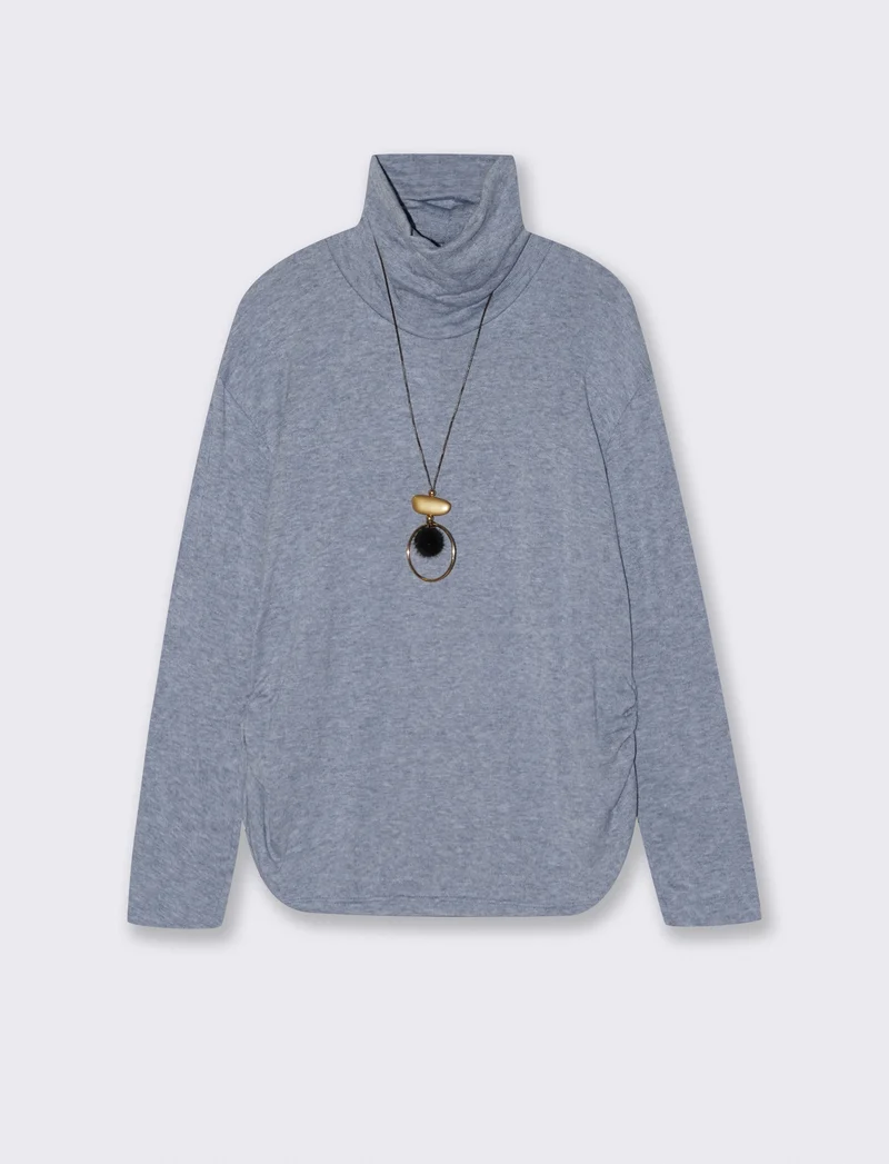 Tshirt manica lunga con collo alto in tessuto pesante con collana - Denim