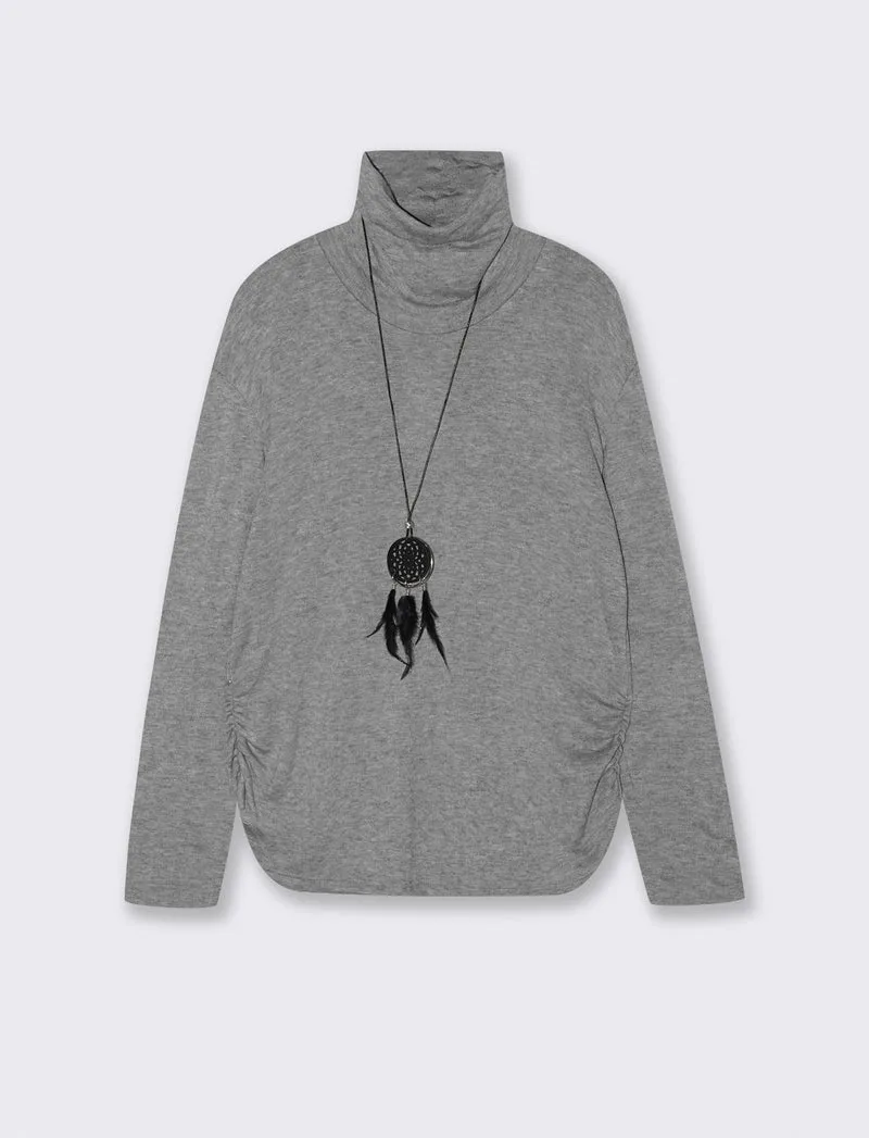 Tshirt manica lunga con collo alto in tessuto pesante con collana - Grigio mel.