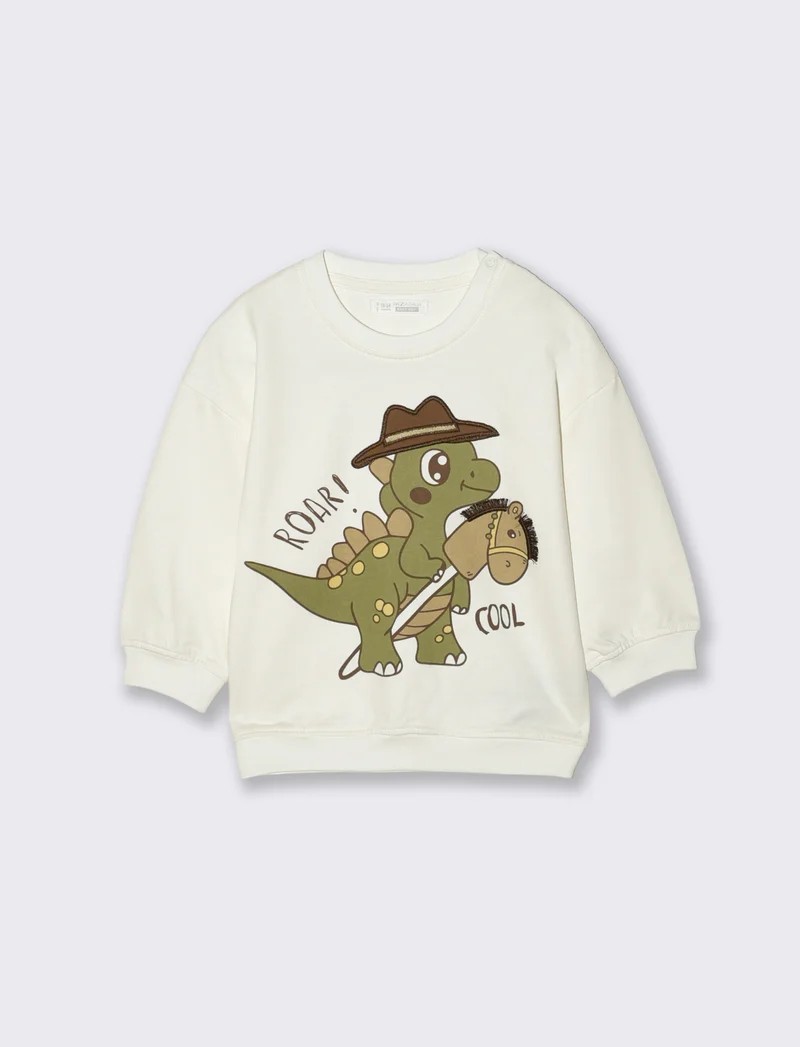 Felpa girocollo con dinosauro e frange - Bianco latte