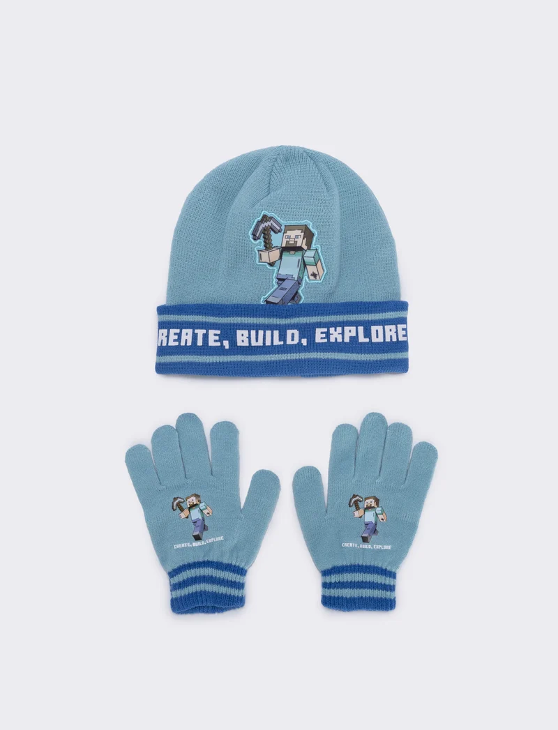 Set cappello e guanti minecraft - Azzurro