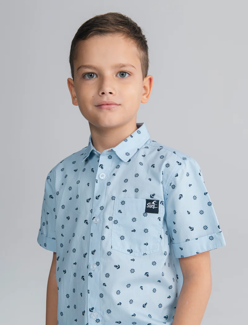 Camicia mezza manica micro-stampa cotone - Azzurro
