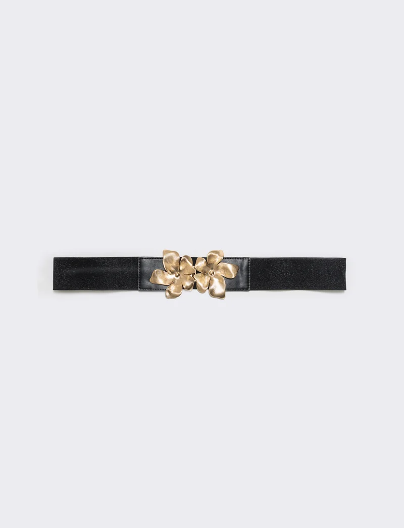 Cintura elastica lurex con fibbia fiore - Nero