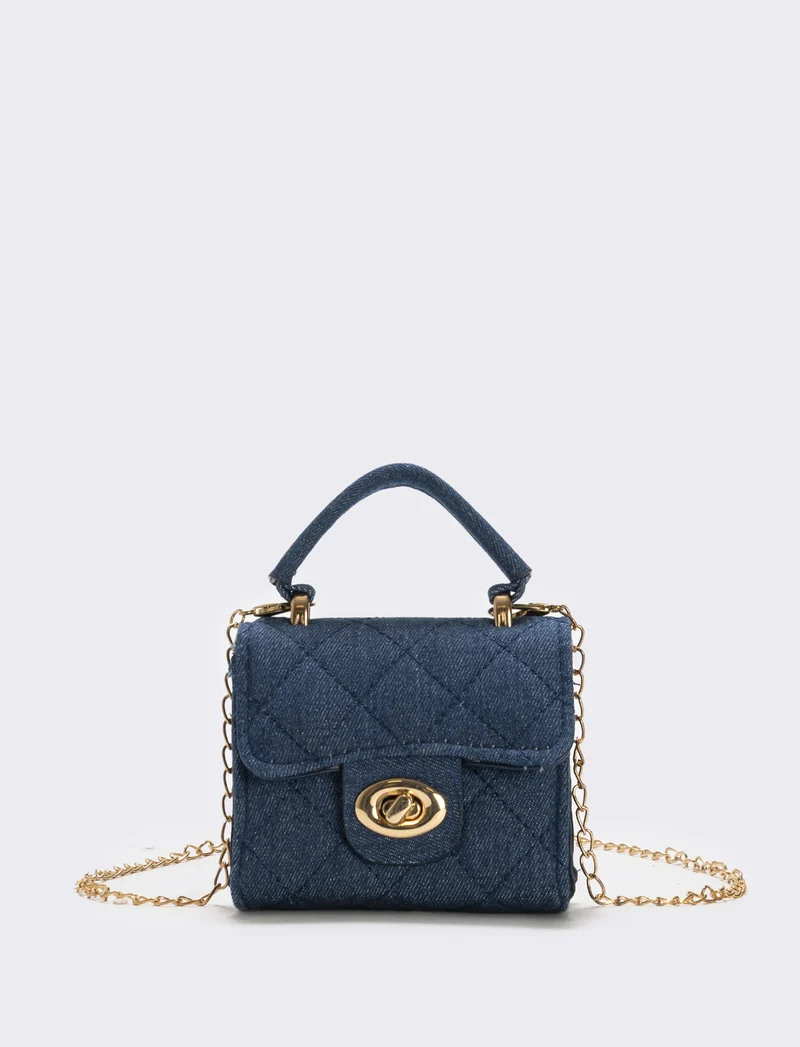 Borsetta jeans trapuntata con manico - Blu