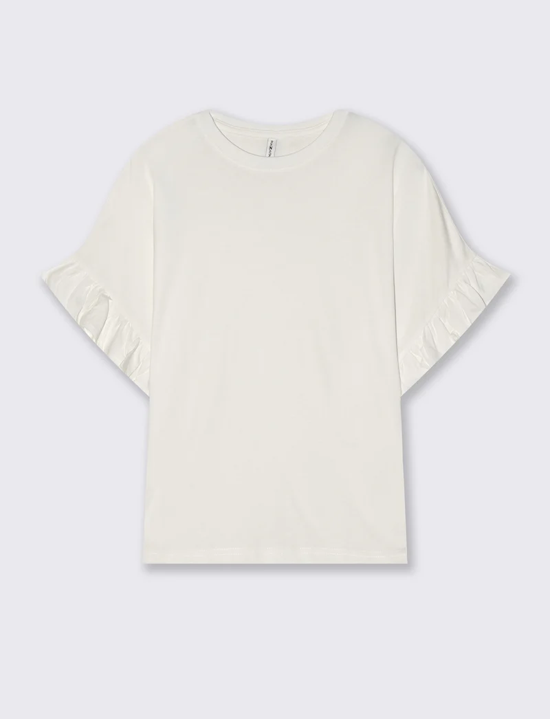 T-Shirt Girocollo Mezza Manica con Ruches - Avorio