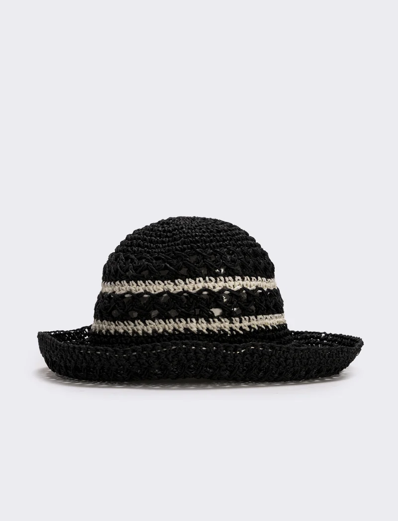 Cappello in paglia a doppio righino - Nero