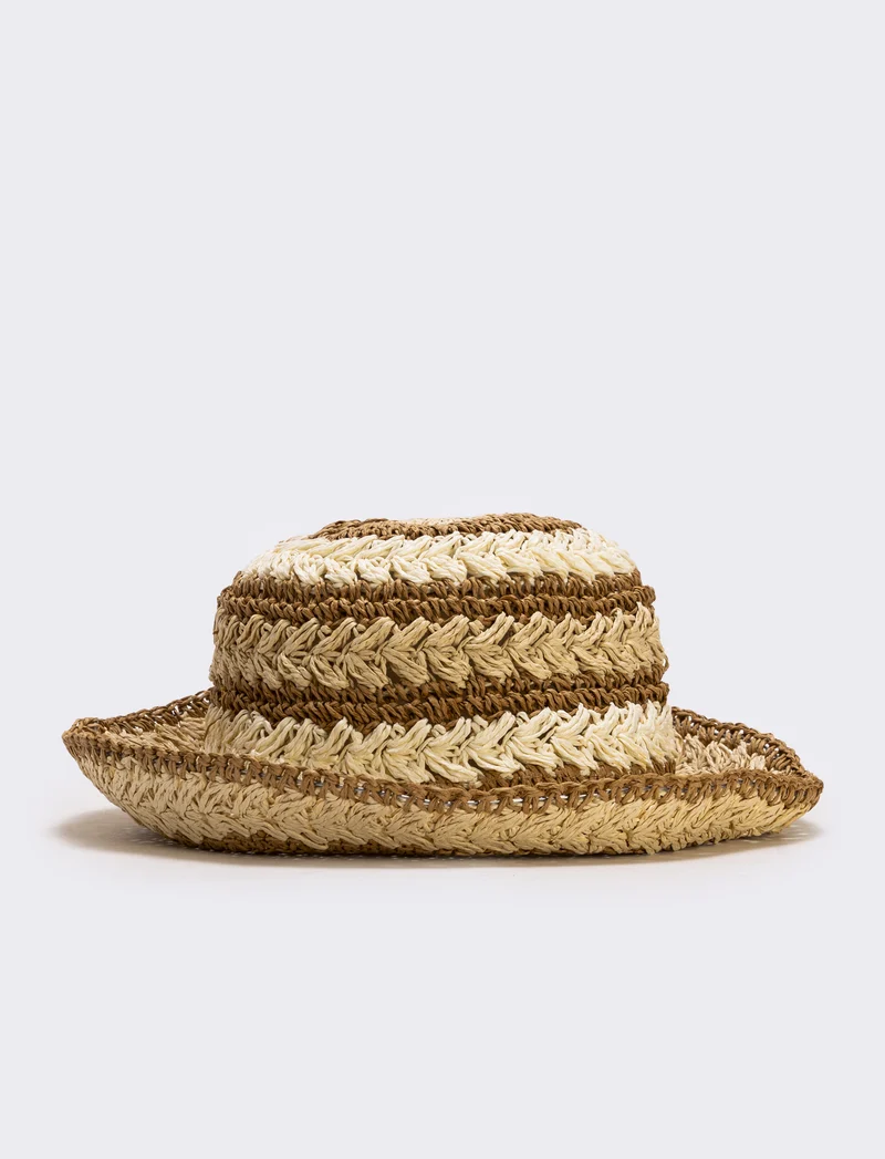 Cappello in paglia intrecciato a righe - Bianco natural