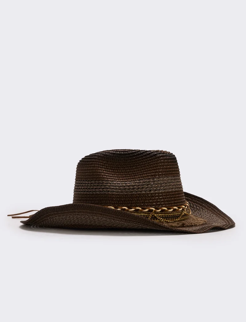 Cappello cowboy frangiato con catenina - Marrone