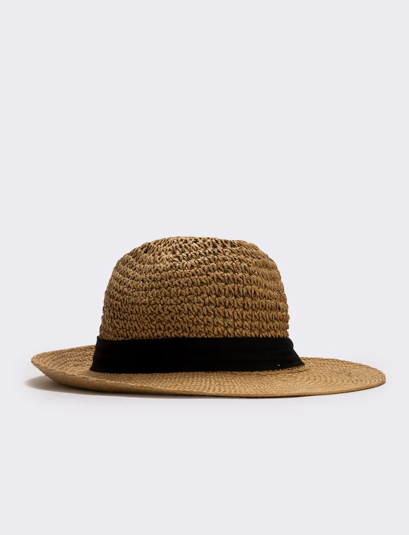 Cappello in paglia con banda nera uomo - Beige