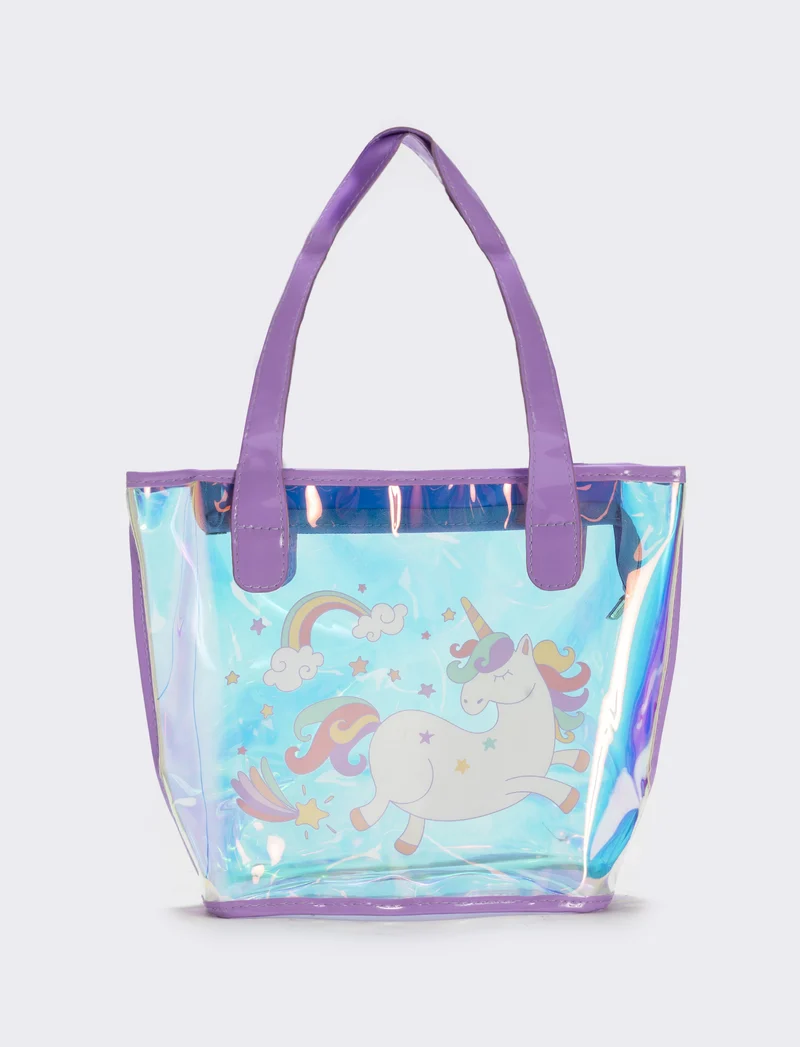 Borsa shopper lucida con unicorno - Lilla