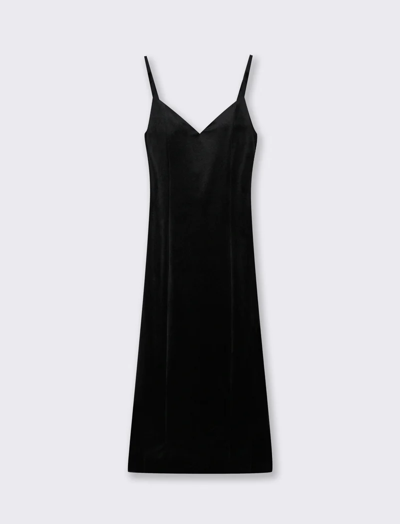 Vestito lungo con bretelline in ciniglia - Nero