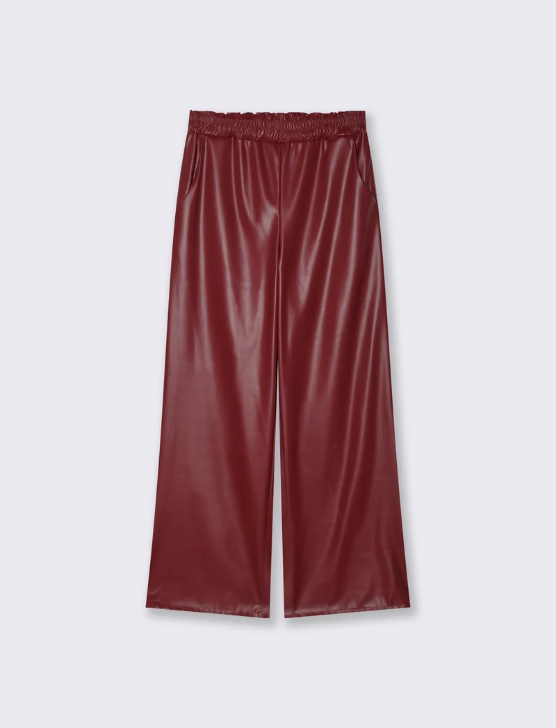 Pantalone palazzo con elastico in vita in ecopelle - Bordeaux