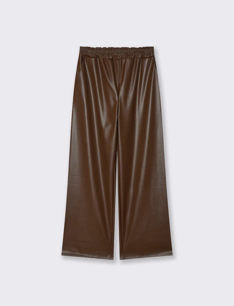 Pantalone palazzo con elastico in vita in ecopelle - Moro