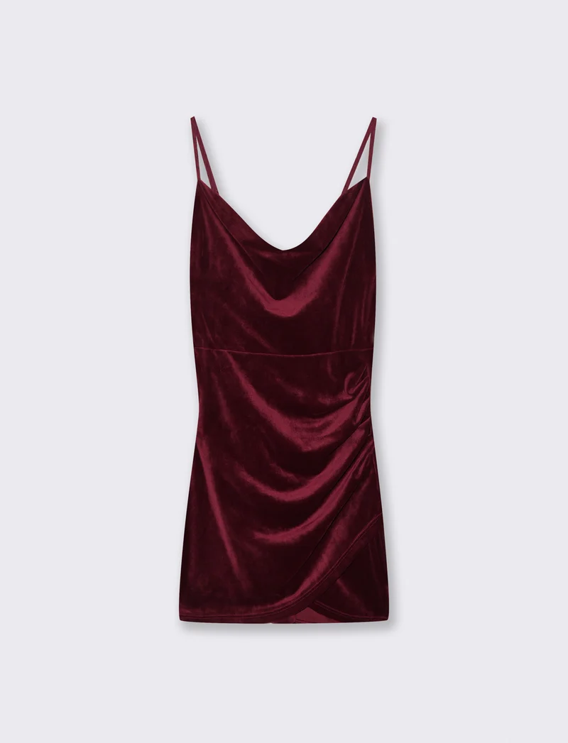 Vestito corto con arriccio sul fianco in tessuto ciniglia - Bordeaux