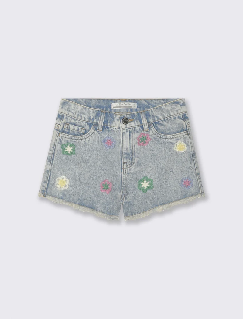 Short in denim con fiori in crochet - Denim
