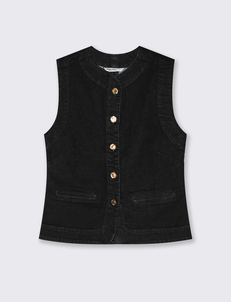Gilet in denim con tasche a taglio avanti - Nero
