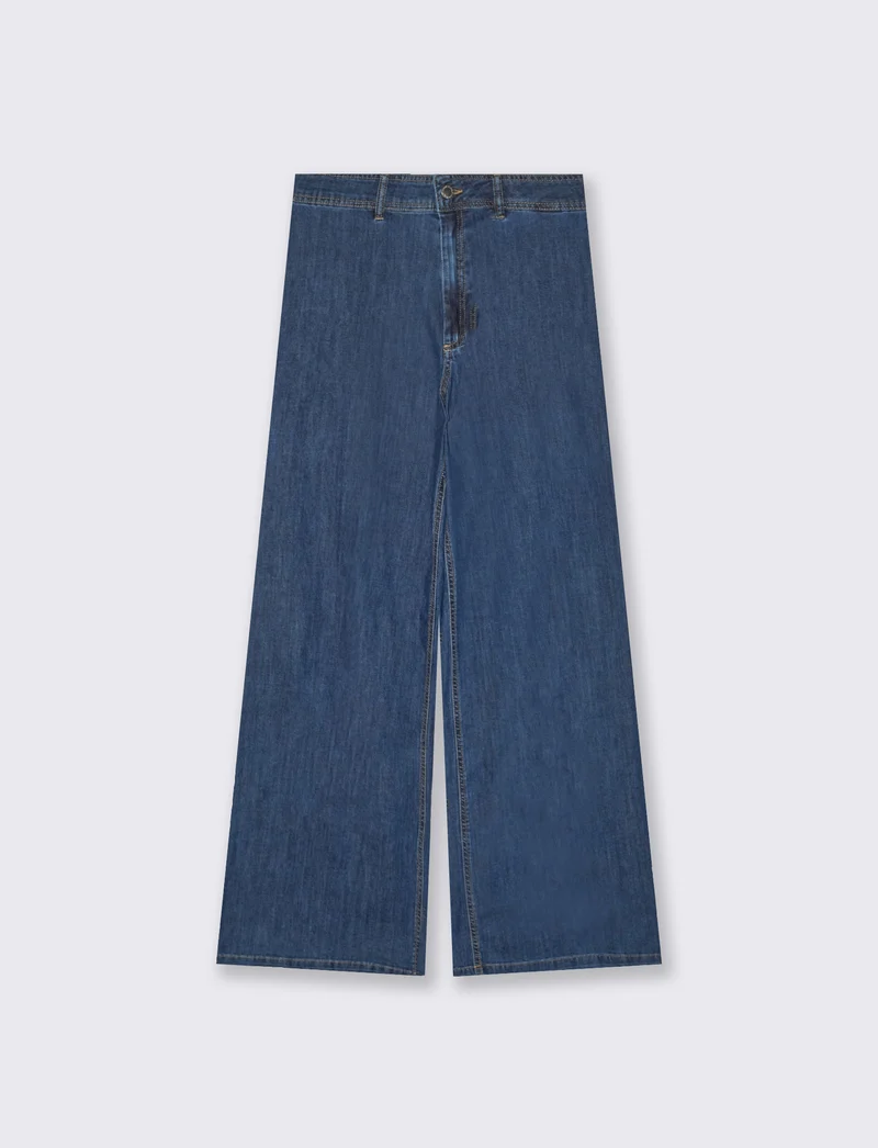 Jeans Gamba Larga con Vita Alta - Denim