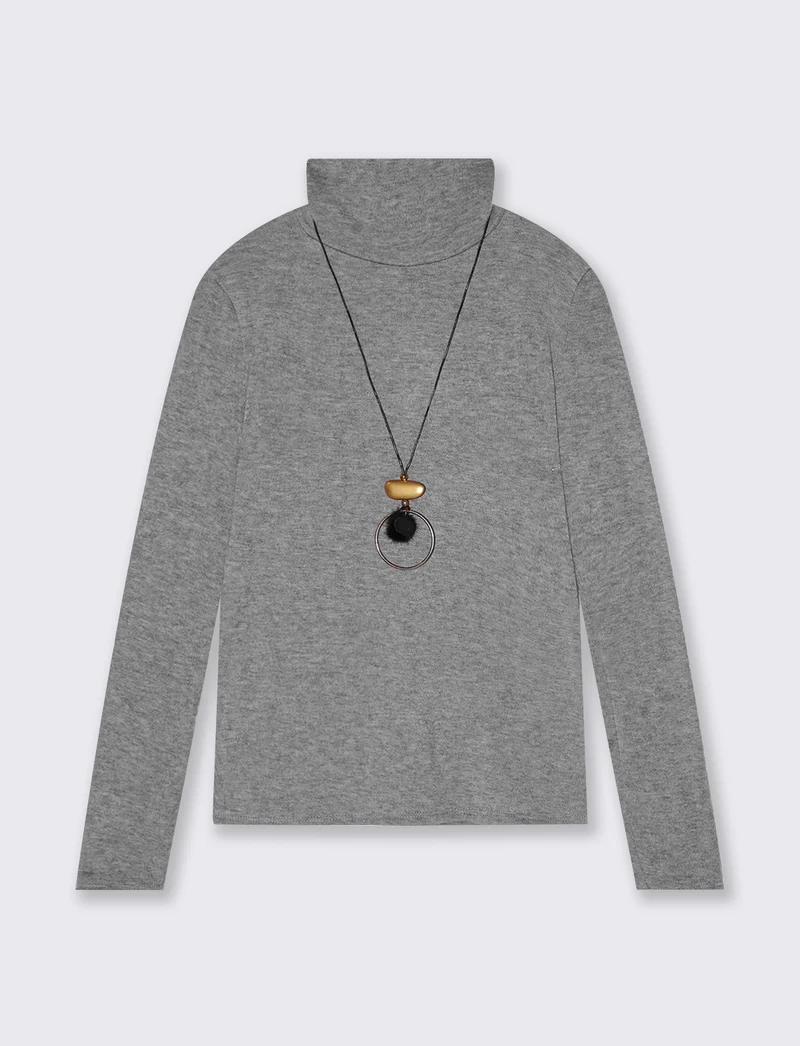 Maglia collo alto con collana - Grigio mel.