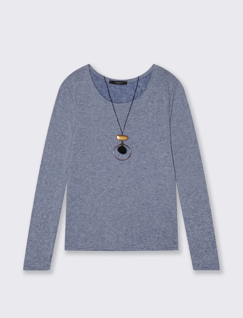 Tshirt manica lunga in tessuto pesante con collana - Denim