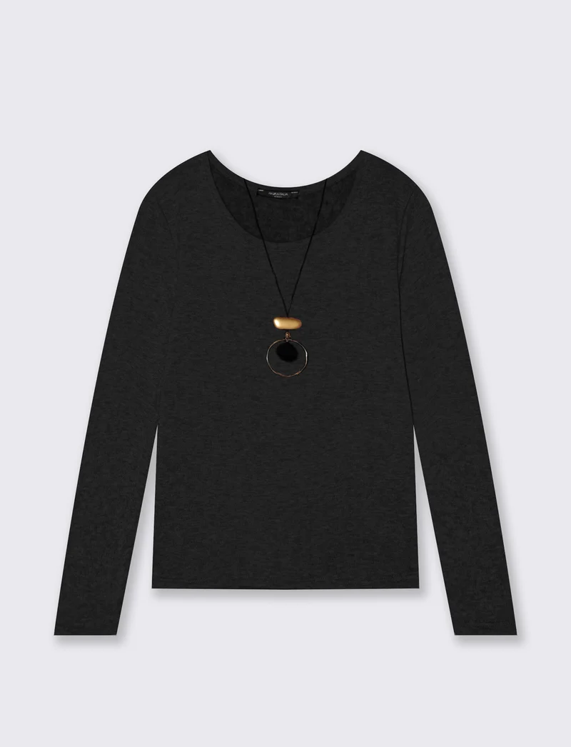 Tshirt manica lunga in tessuto pesante con collana - Nero