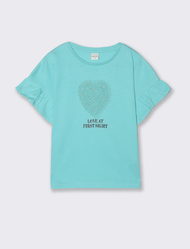 T-shirt mezza manica con cuore crochet - Verde acqua