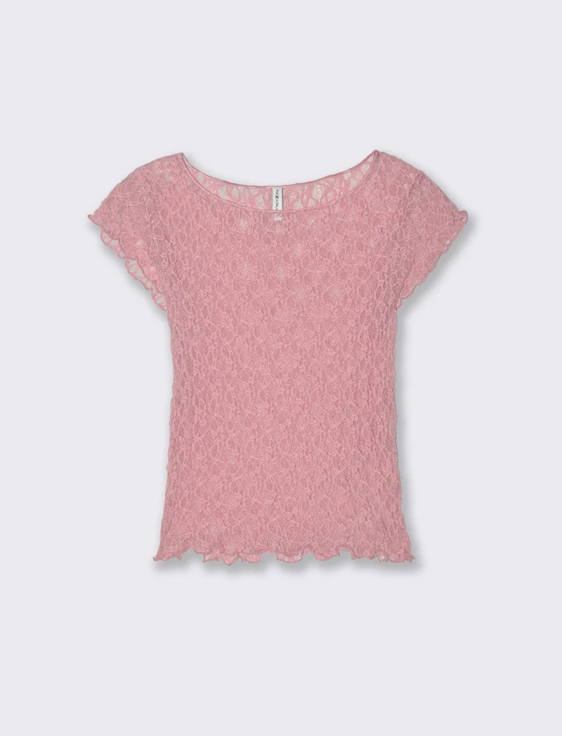 T-shirt in pizzo con scollo a barca - Rosa polvere