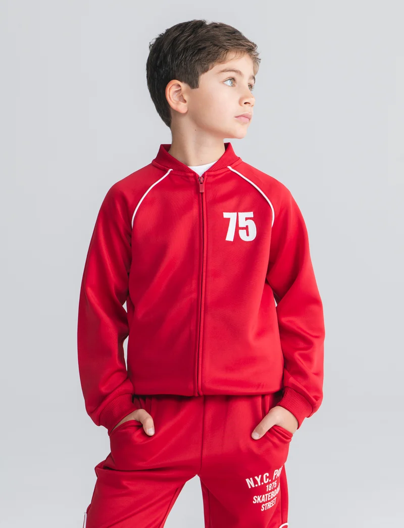 Felpa varsity con ricamo e zip frontale - Rosso india
