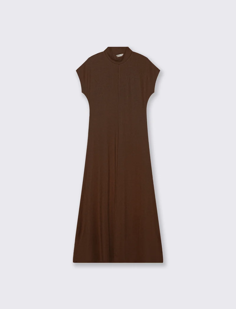 Vestito lungo in cotone manica corta - Marrone cioccolato