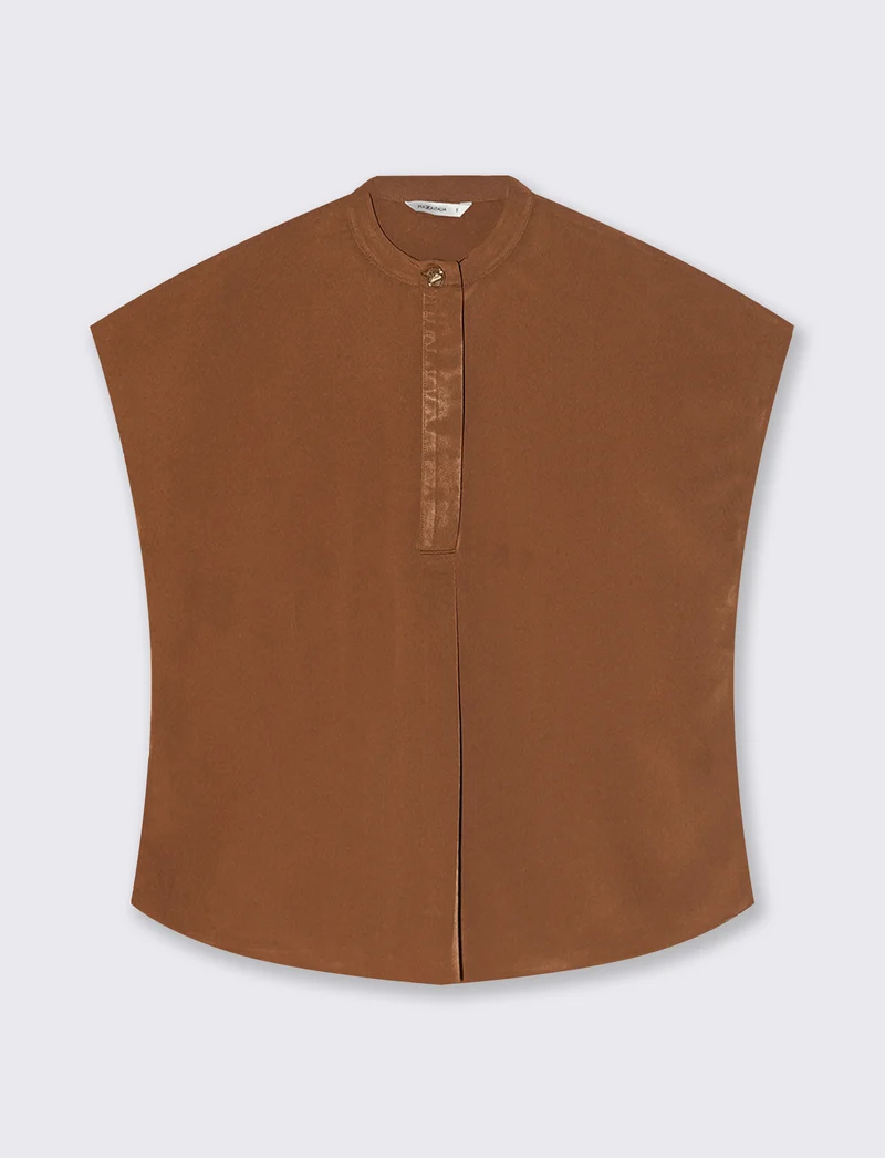 Blusa con colletto coreano e spacchi - Marrone tabacco