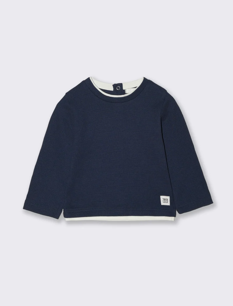 T-shirt manica lunga in tessuto waffle - Blu
