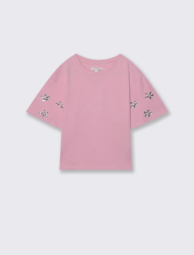T-shirt ampia con pietre adesive e rib - Rosa