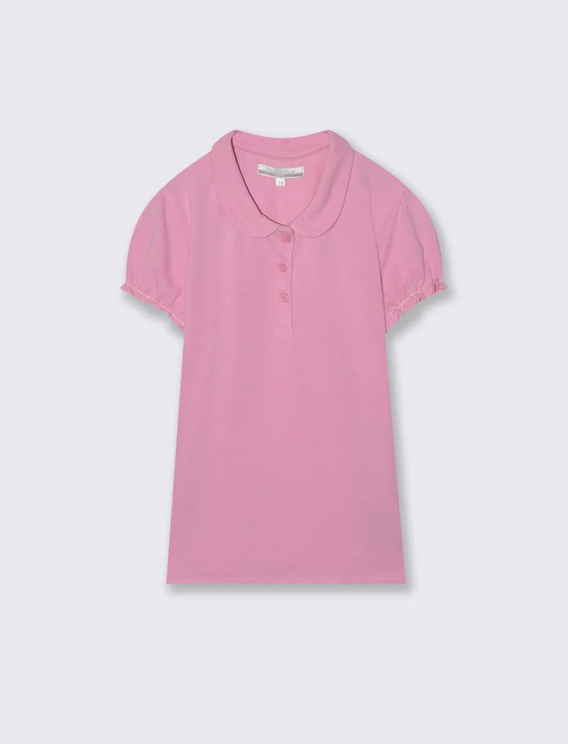 T-shirt polo cotone bambina con maniche arricciate - Rosa