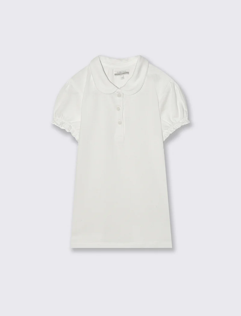 T-shirt polo cotone bambina con maniche arricciate - Bianco