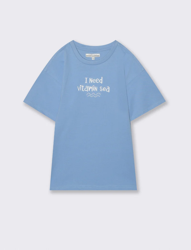 T-shirt mezza manica con ricamo casual - Azzurro