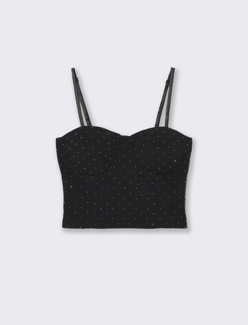 Top con coppe su tessuto strass elastico - Nero