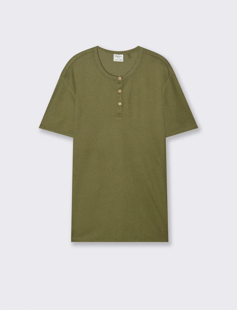 T-shirt serafino in tessuto waffle - Verde oliva