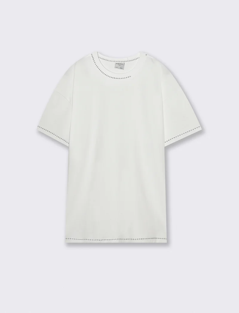 T-shirt heavy weight con impunture a contrasto - Bianco