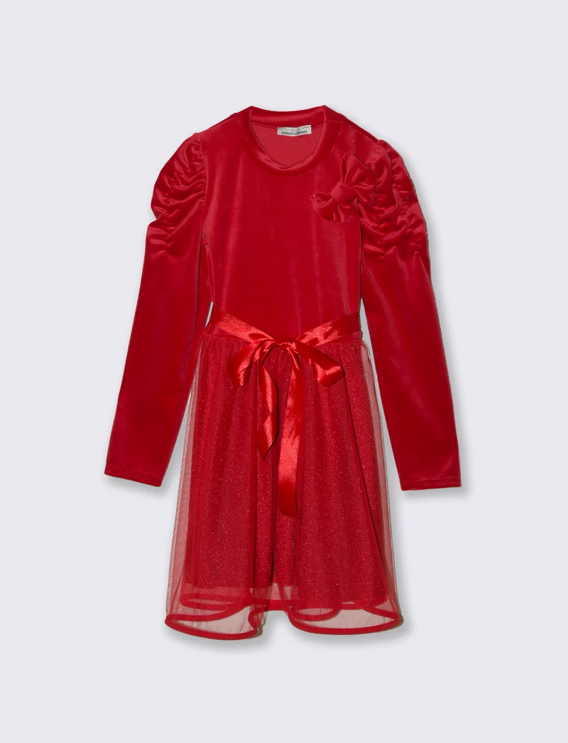 Abito in velluto con gonna a contrasto. - Rosso