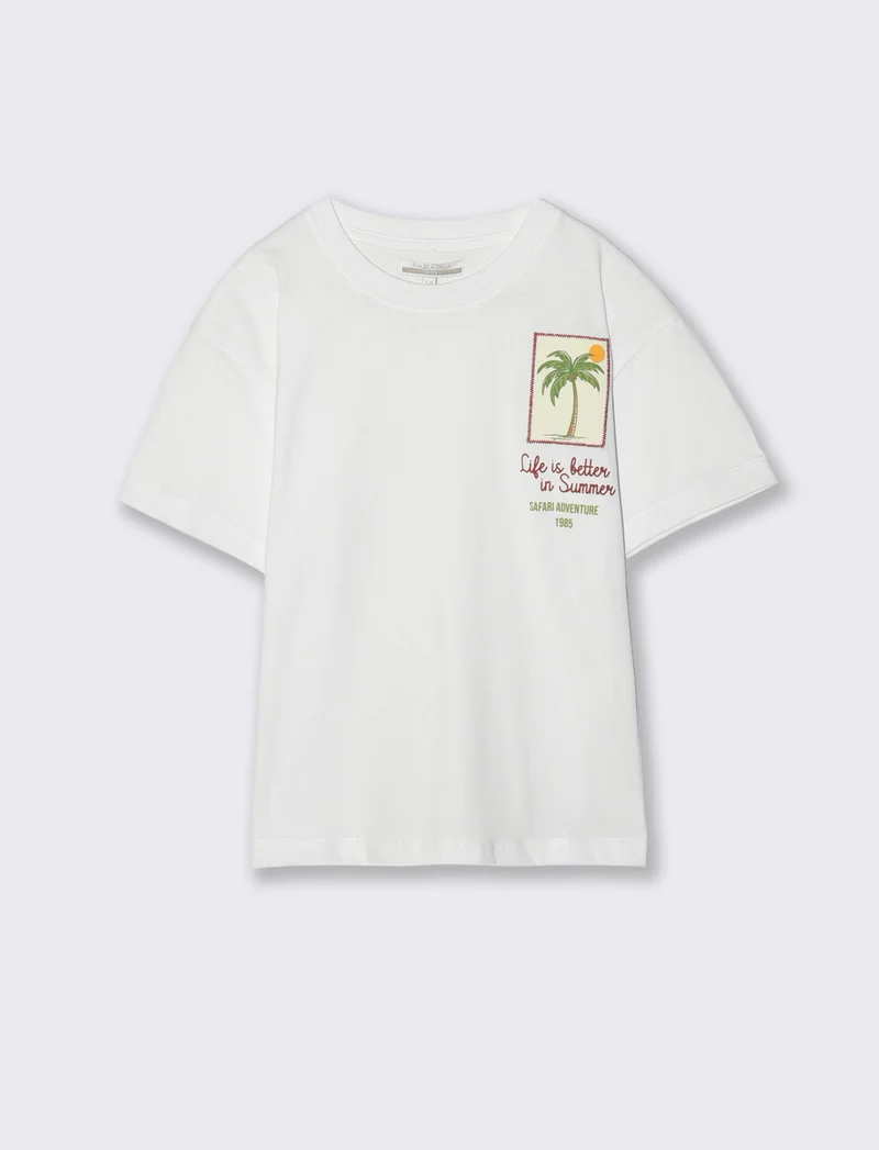 T-shirt con toppa applicata e collo a scatola - Bianco