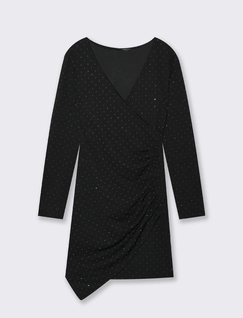 Vestito manica lunga, scollo a V, in tessuto con strass - Nero