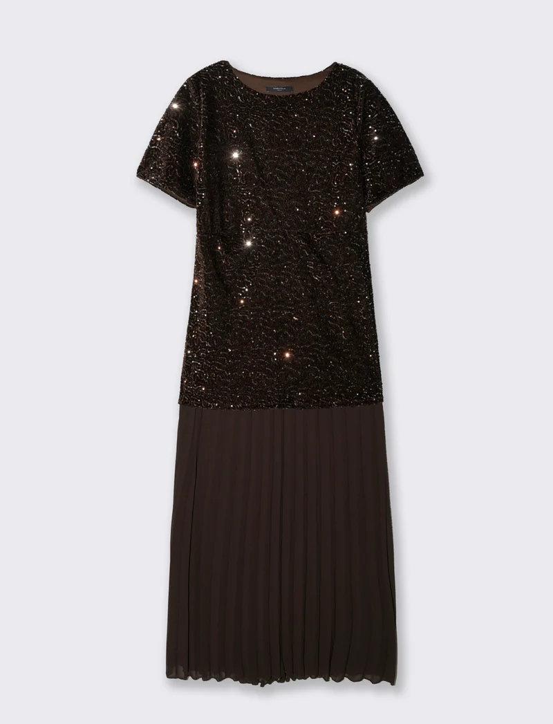 Vestito con maniche corte in paillettes e georgette plisset - Moro