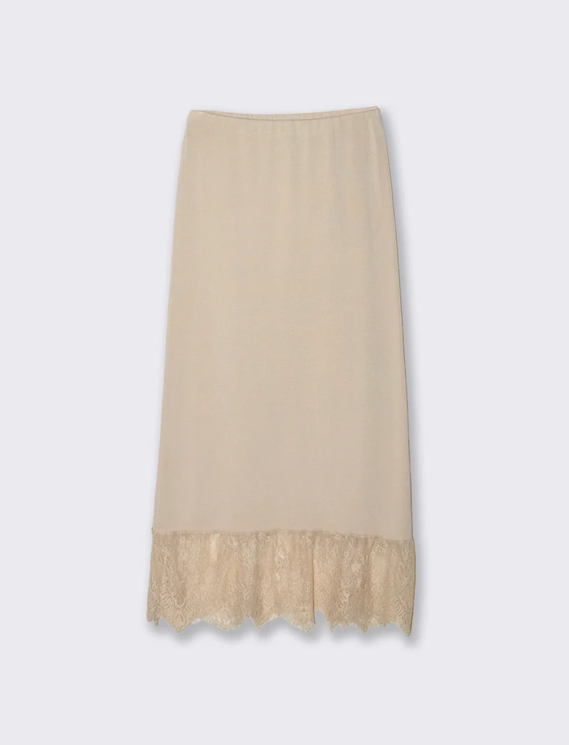 Gonna lunga in maglia con pizzo al fondo - Bianco panna