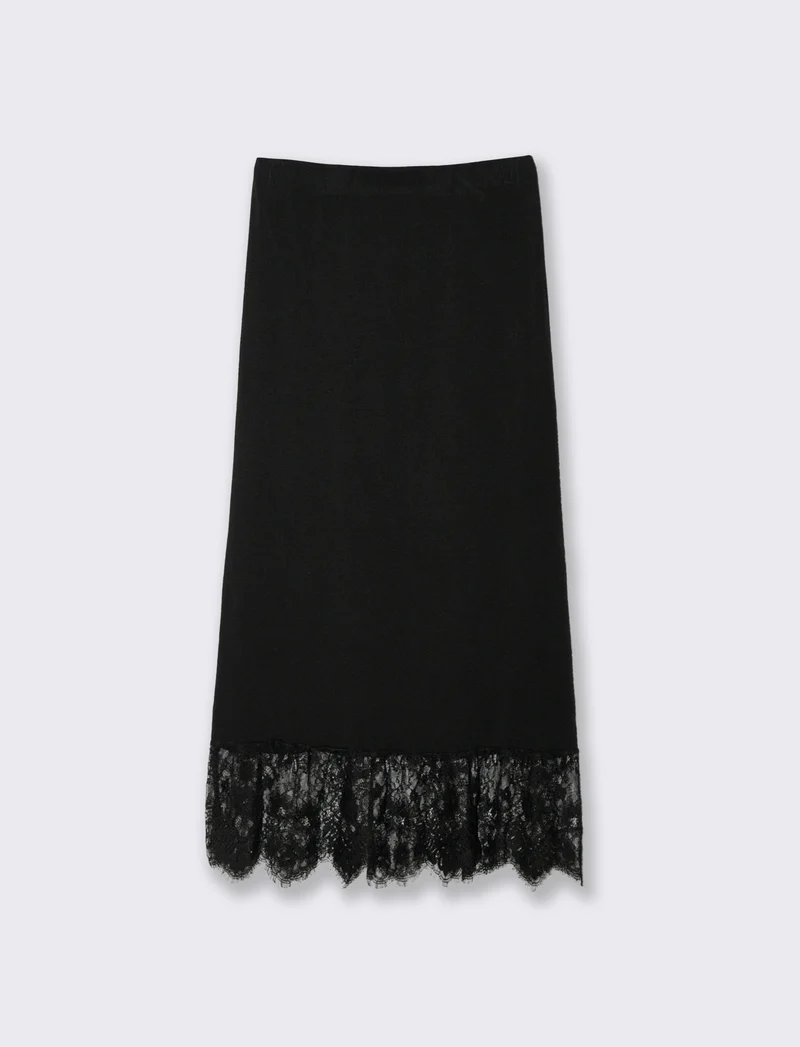 Gonna lunga in maglia con pizzo al fondo - Nero