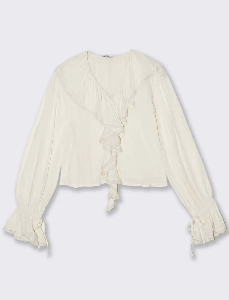 Blusa con rouches e scollo a V - Avorio