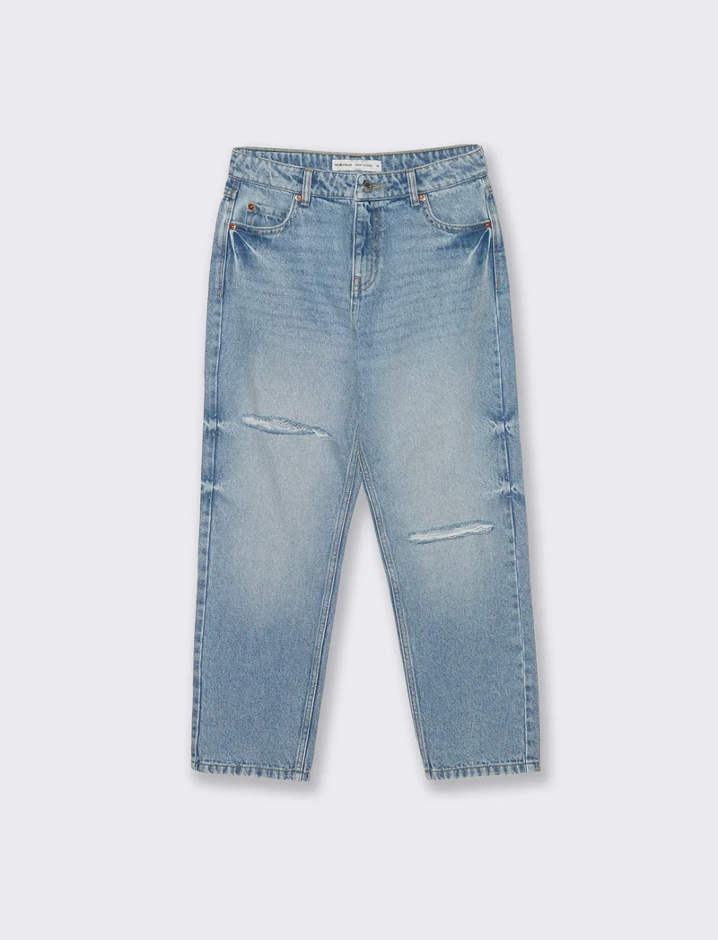 Jeans Crop Vita Alta a Gamba Dritta - Denim
