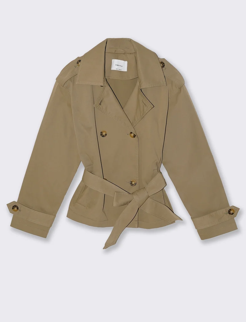 Trench Corto Doppiopetto con Cintura - Beige fieno