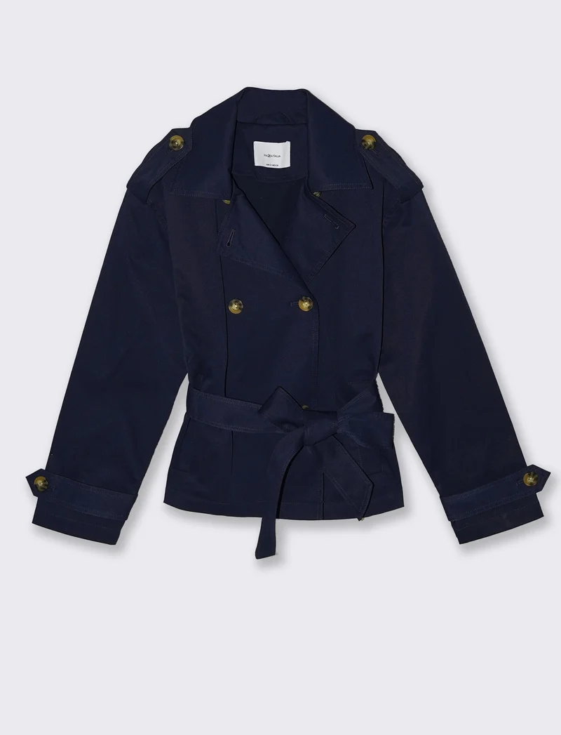 Trench Corto Doppiopetto con Cintura - Blu