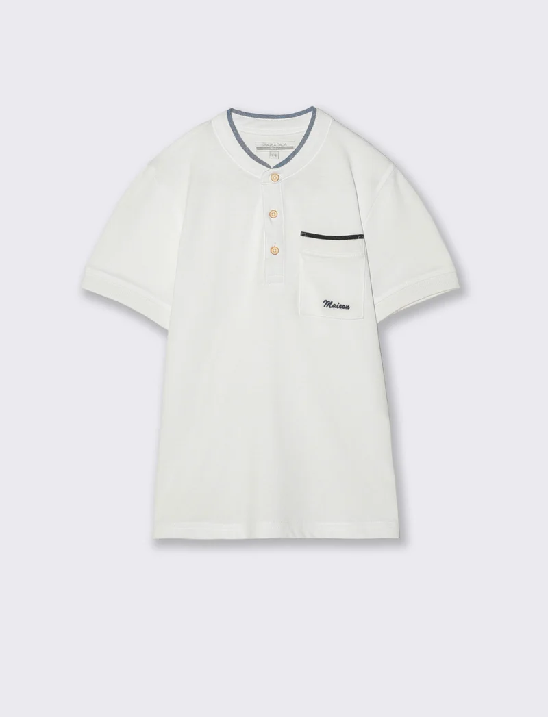 T-shirt collo coreano in Piquet di cotone - Bianco