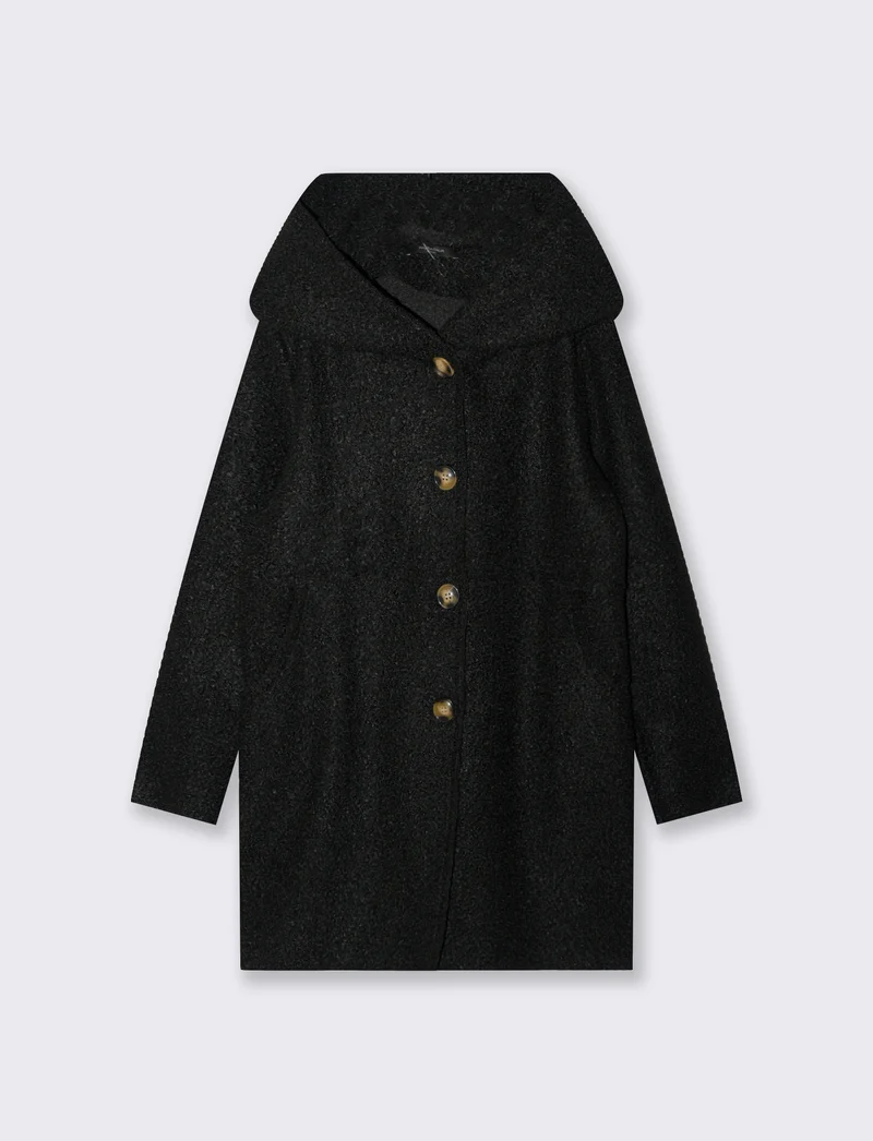 Cappotto su tessuto bouclè con cappuccio - Nero