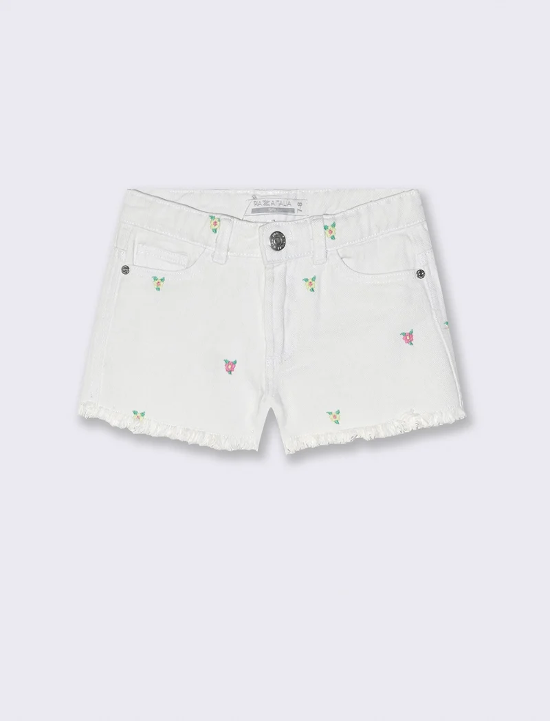 Short in denim e cotone con fiorellini - Bianco